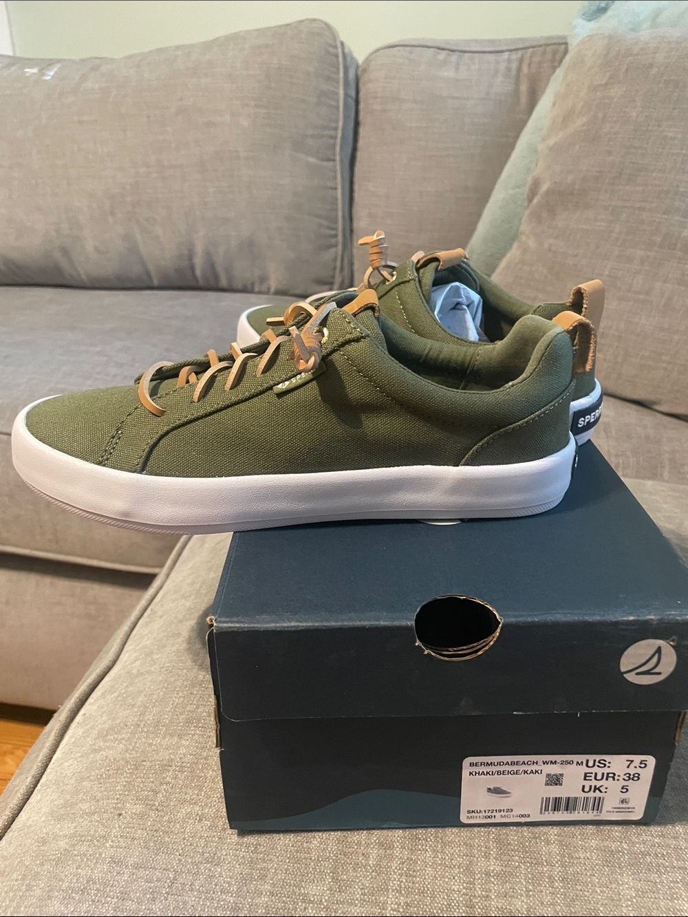 Sperry Olive Canvas Low-Top Sneakers with Tan Accents - Picture 3 of 5
